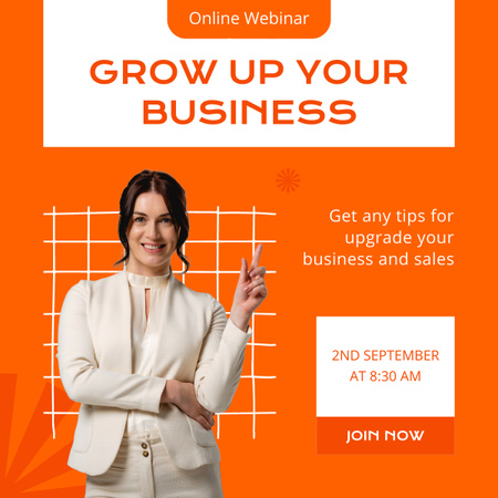 Business Growing Webinar Ad on Bright Orange LinkedIn post Design Template