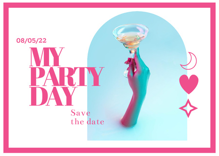 Party Announcement with Woman holding Cocktail Card Design Template