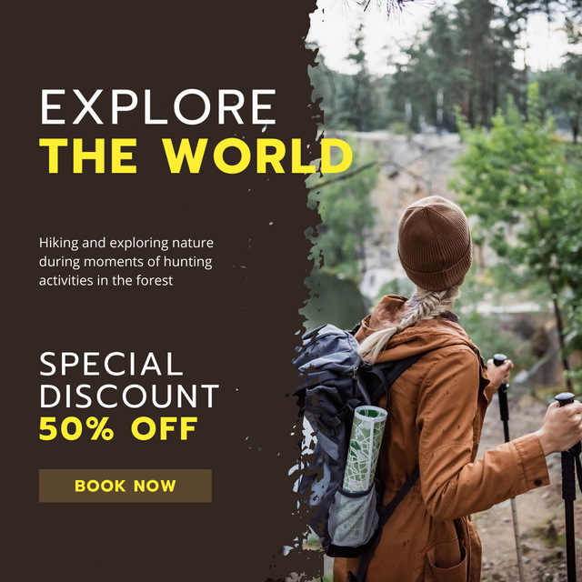Hiking Tour Ad with Woman in Forest Instagram Design Template