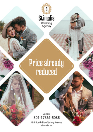 Wedding Agency Services Ad with Happy Newlyweds Couple Poster Design Template