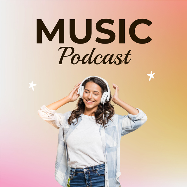 Music Broadcasts with the Host in Headphones Podcast Cover Šablona návrhu