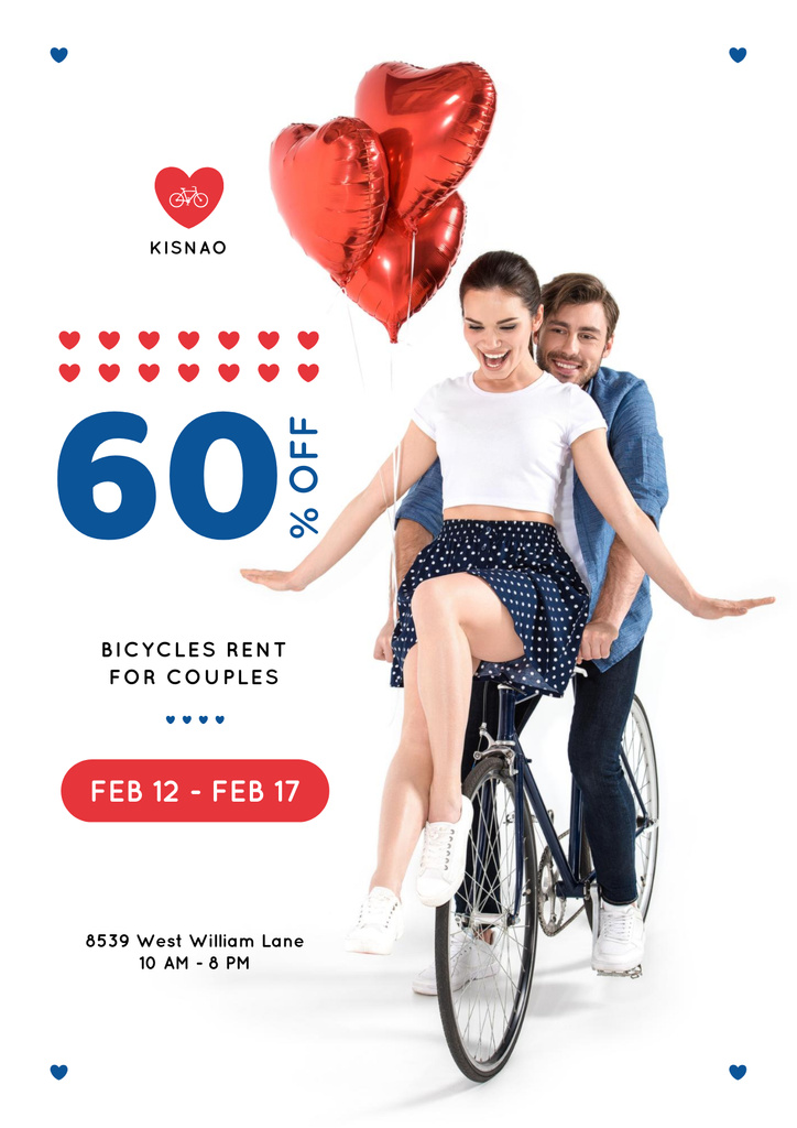 Discount Ad on Valentine's Day Couple on a Rent Bicycle Poster Design Template