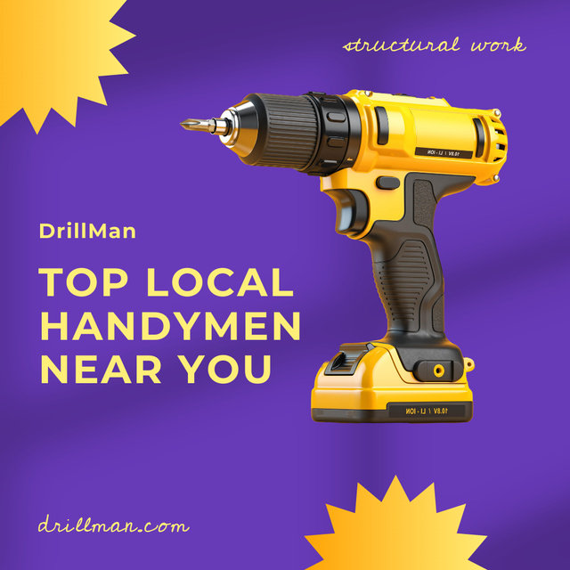 Resourceful Handyman Services Offer With Drill In Purple Instagram Πρότυπο σχεδίασης