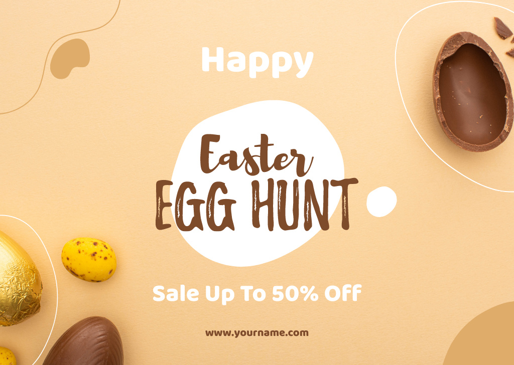 Easter Egg Hunt Ad with Chocolate Easter Eggs Card Design Template