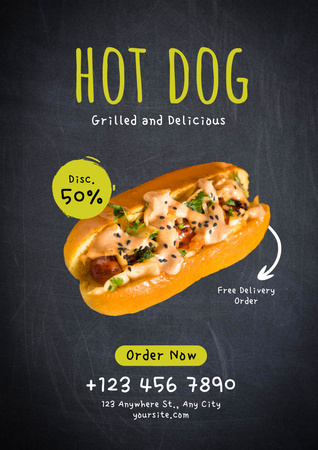 Fast Food Menu Offer with Tasty Hot Dog Poster A3デザインテンプレート