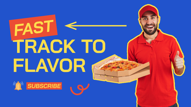 Food Blog Promo with Smiling Pizza Delivery Guy Youtube Thumbnail Modelo de Design