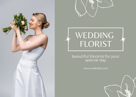 Modèle de visuel Wedding Florist Services Ad with Bride Holding Bouquet - Postcard 5x7in