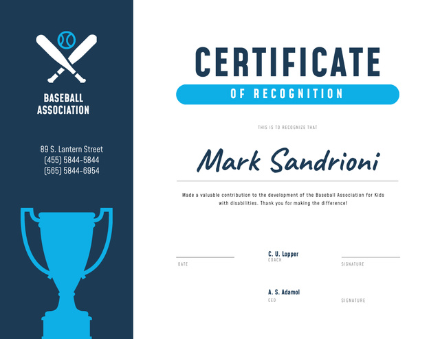 Baseball Association Recognition with cup in blue Certificate Design Template