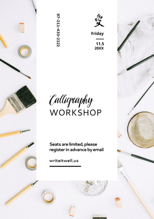 Calligraphy Workshop Announcement with Painting Tools Flyer A5 Design Template