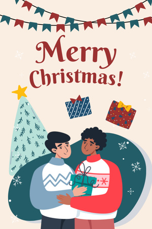 Gay Couple Celebrating Christmas Postcard 4x6in Vertical Design Template