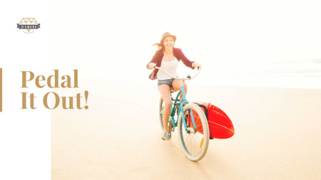 Young woman riding bicycle on seashore Presentation Wide Design Template