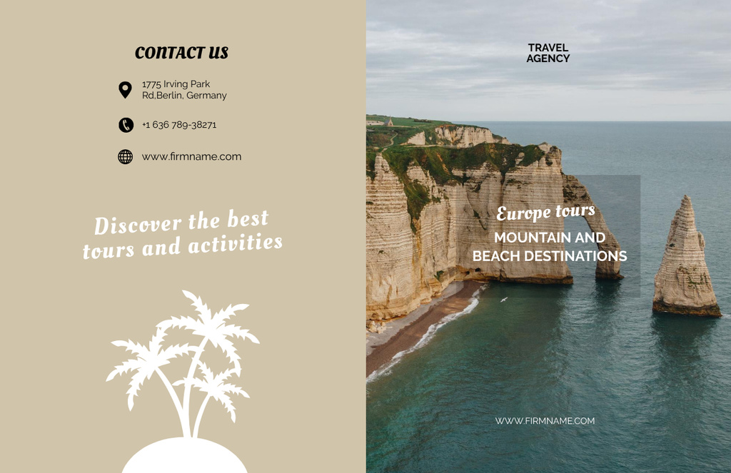 Plantilla de diseño de Travel Tour Offer with Beautiful Hill and Palm Trees Brochure 11x17in Bi-fold 
