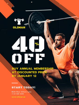 Gym Promotion with Man Lifting Barbell Poster 36x48in Design Template