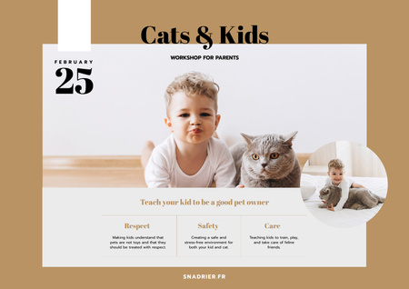 Designvorlage Workshop Ankündigung mit Kind spielt mit Katze für Poster A2 Horizontal