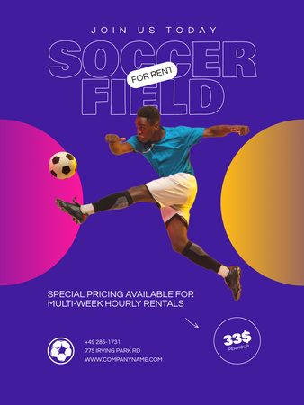 Designvorlage Fußballplatz-Vermietungsanzeige mit Spieler für Poster US