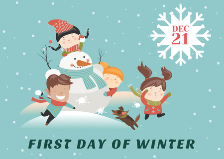 First day of winter with Kids and Snowman Card Design Template