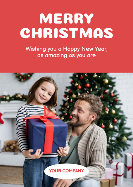 Christmas and New Year Cheers with Father and Daughter Postcard A6 Vertical Design Template