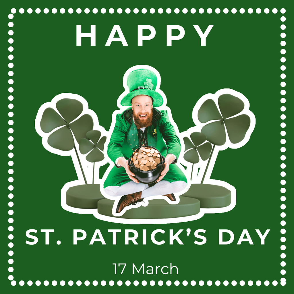 Happy St. Patrick's Day Party with Bearded Man on Green Pattern Instagram – шаблон для дизайну