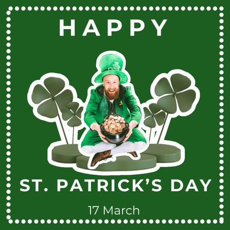 Happy St. Patrick's Day Party with Bearded Man on Green Pattern Instagram Design Template