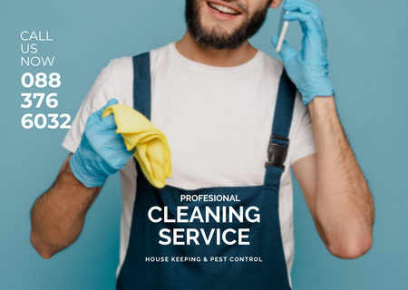 Plantilla de diseño de Anuncio de servicios de limpieza con hombre en guantes y uniforme Flyer A6 Horizontal 