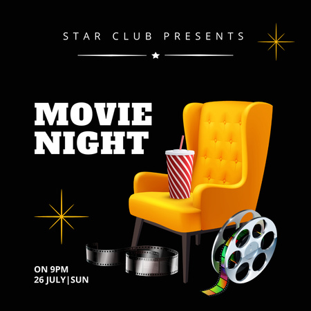 Movie Night Bejelentés sárga székkel Instagram tervezősablon