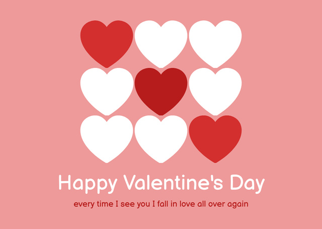 Valentine's Day Greeting with Cute White and Red Hearts Card Tasarım Şablonu