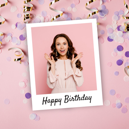 Wonderful Birthday Greetings with Happy Girl In Confetti Instagram Design Template