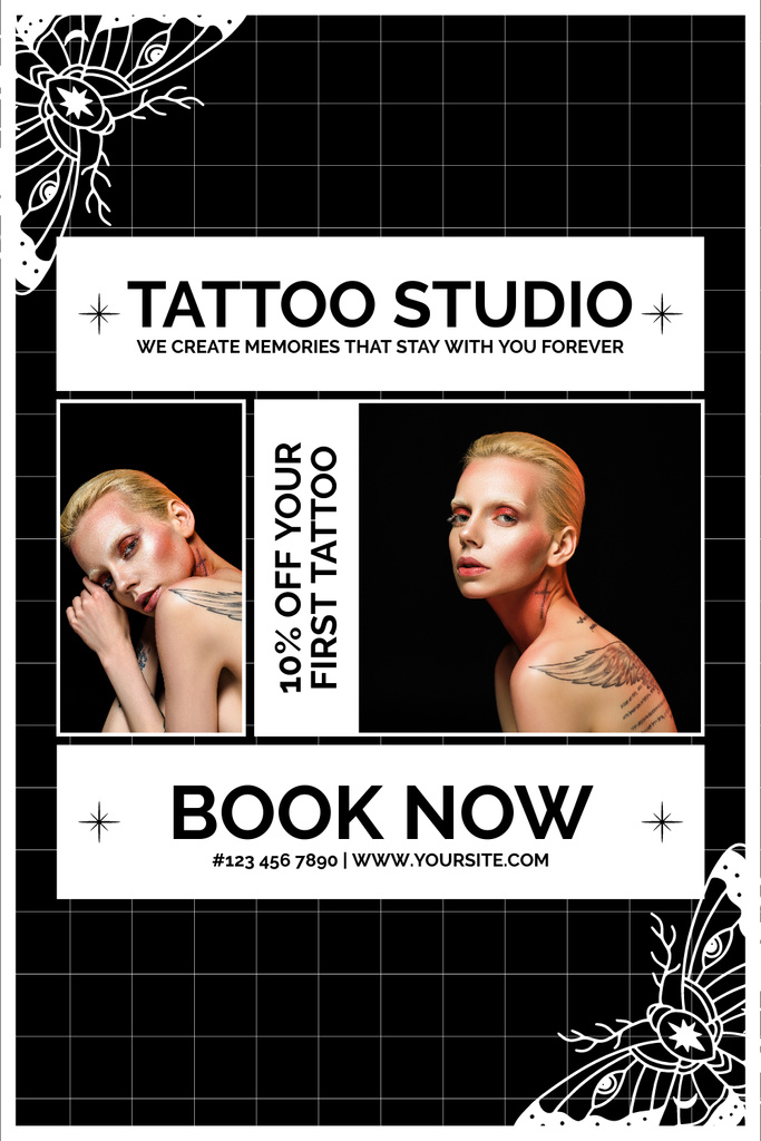 Designvorlage Butterflies And Tattoos In Studio With Discount Offer für Pinterest