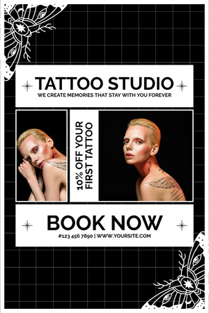Designvorlage Schmetterlinge und Tattoos im Studio mit Rabattangebot für Pinterest