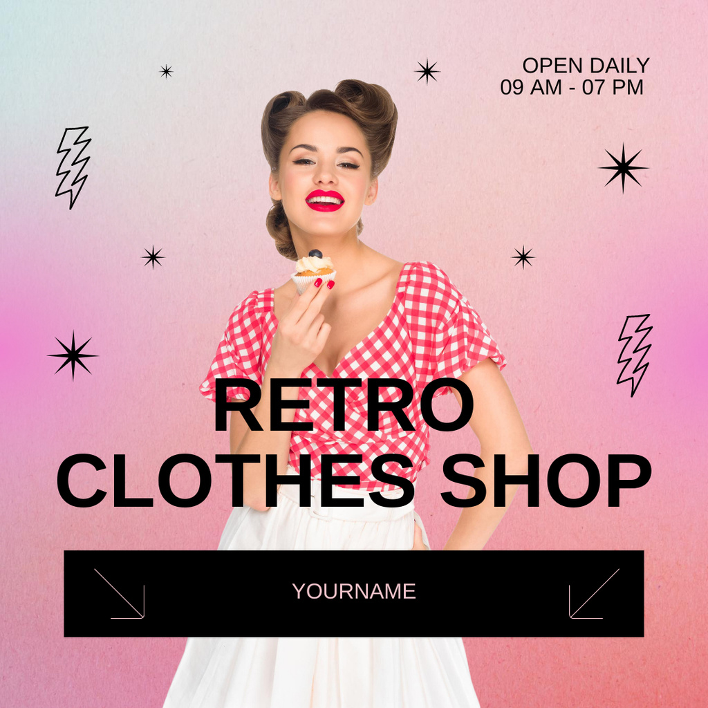 Modèle de visuel Pin up woman on retro clothes shop - Instagram AD
