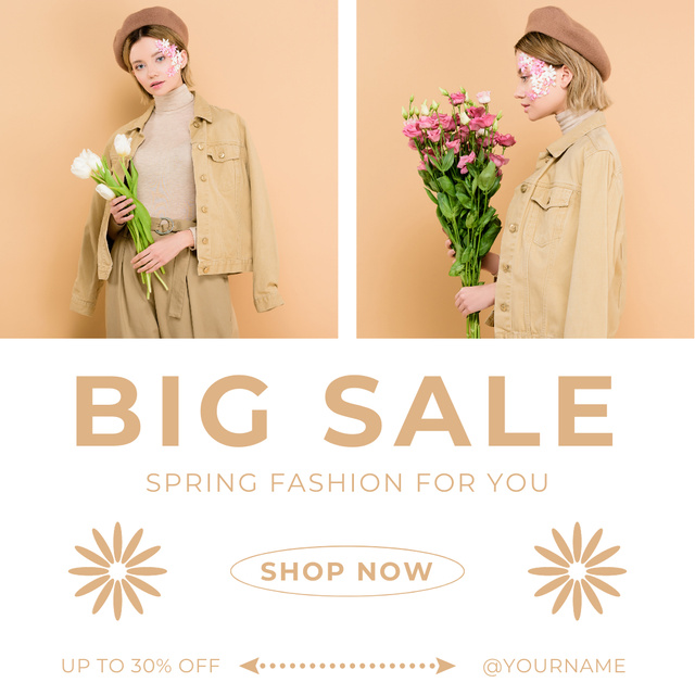 Big Spring Sale with Young Woman with Flowers Instagram ADデザインテンプレート