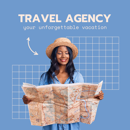 地図を見ている女性と旅行代理店の広告 Instagramデザインテンプレート