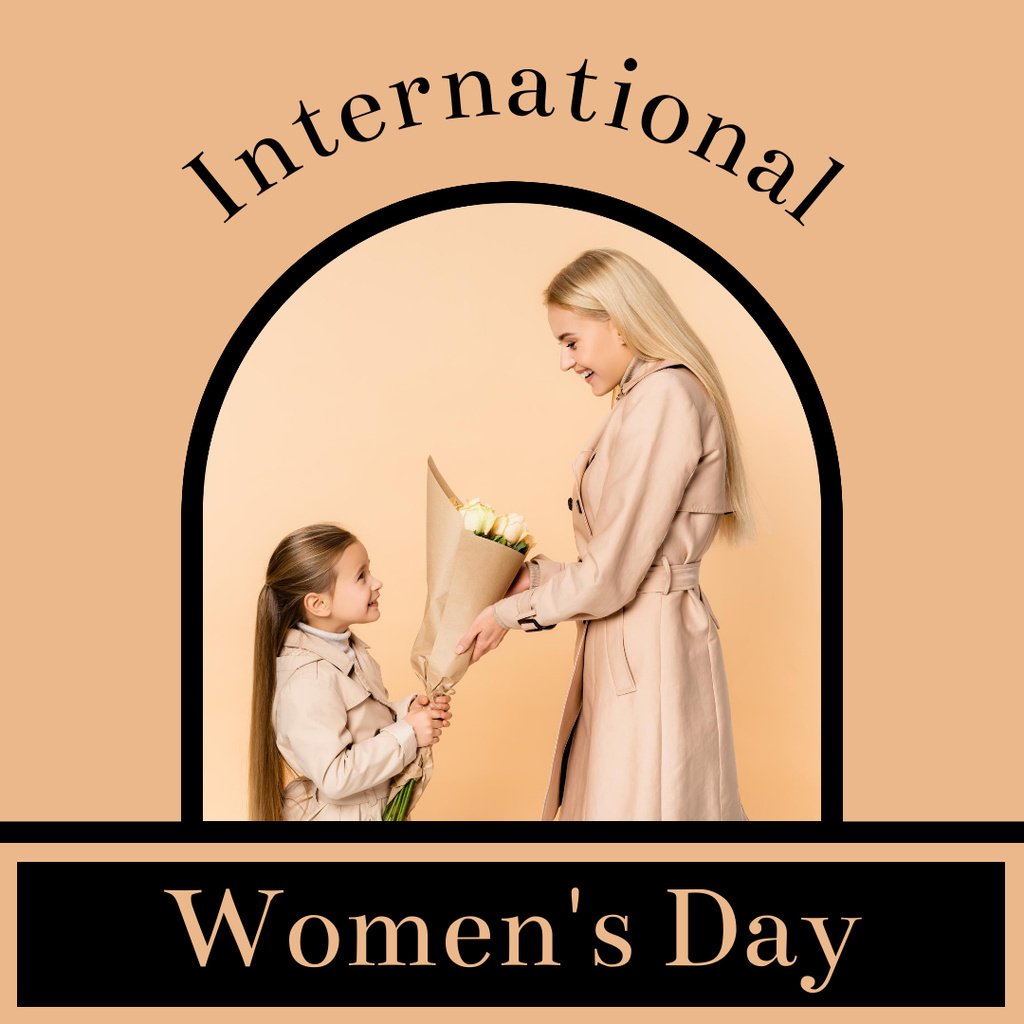 Woman and Little Girl with Flowers on Women's Day on Beige Instagram Design Template