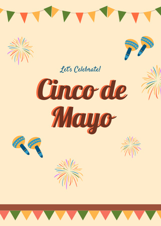 Modèle de visuel Célébration des fêtes de Cinco De Mayo avec maracas et feux d'artifice - Postcard 5x7in Vertical