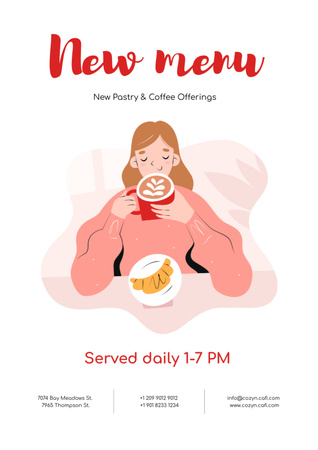 Girl enjoying Coffee and Croissant Poster A3 – шаблон для дизайну