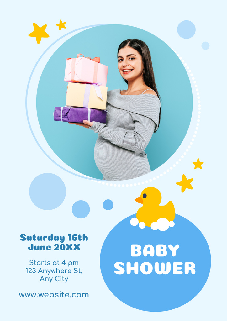 Baby Shower Invitation Layout on Blue Poster Tasarım Şablonu