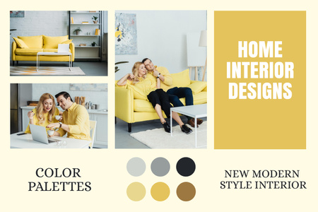 Interior Design of Home for Couple Grey and Yellow Mood Board Design Template
