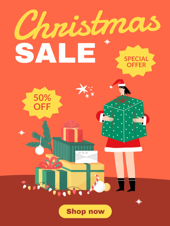 Christmas Gifts Sale with Girl with Box Poster US Design Template