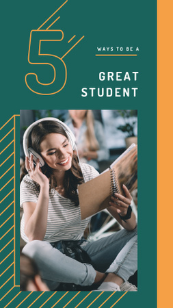 Young woman in headphones reading book Instagram Story Design Template