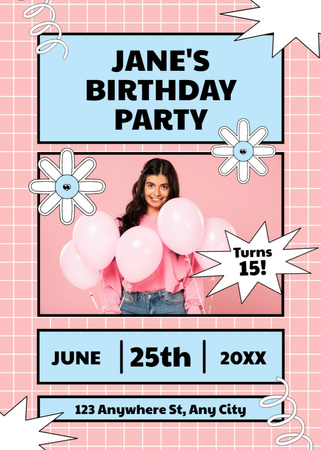 ピンクの女の子の誕生日パーティーの招待状 Flayerデザインテンプレート