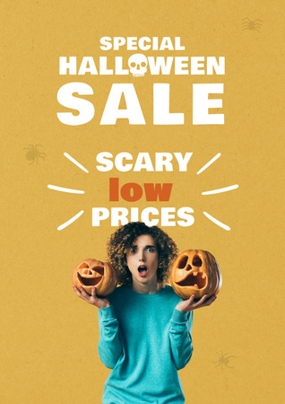 Template di design Halloween Sale with Girl holding Pumpkins Poster
