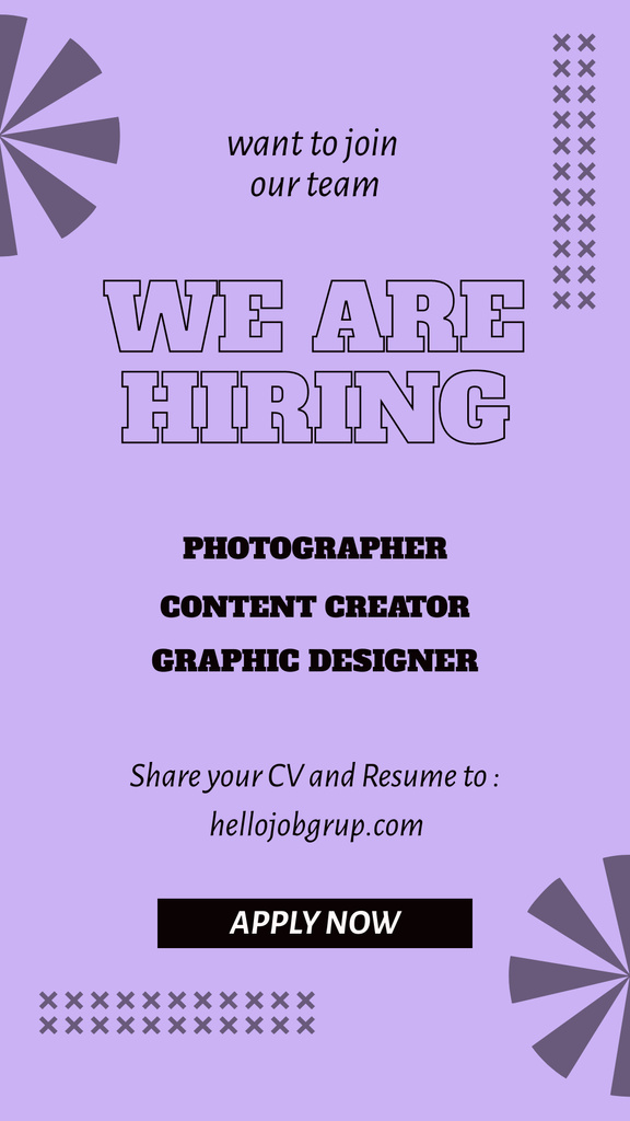 Designvorlage We Are Hiring Photographer and Graphic Designer für Instagram Story