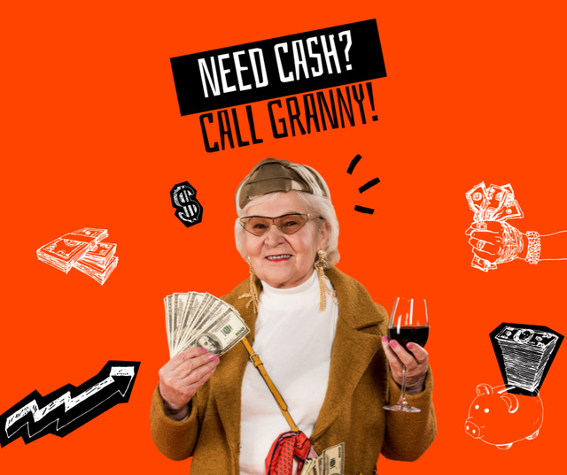 Funny Granny holding Dollars and Wine Facebookデザインテンプレート