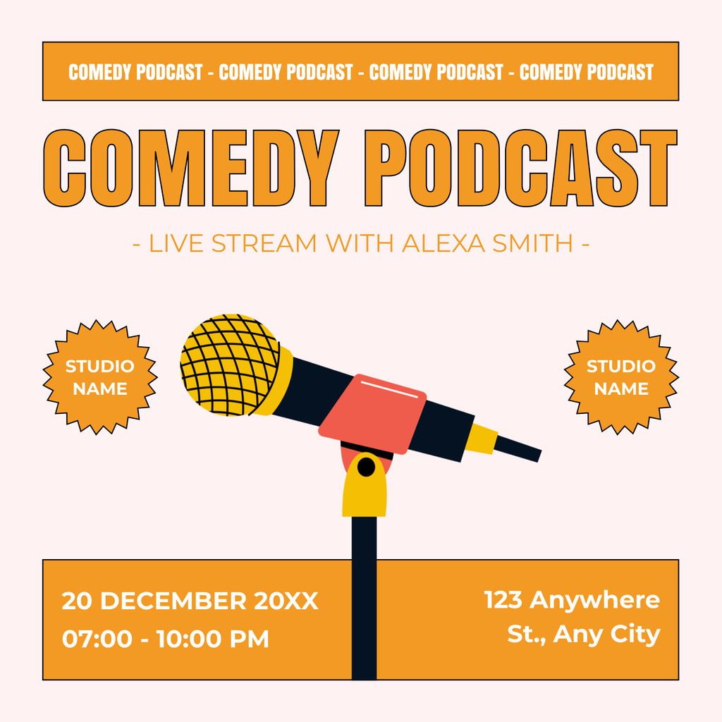 Comedy Episode Announcement with Illustration of Microphone Podcast Cover Design Template