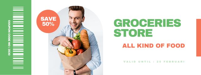 Grocery Store Discount Offer with Man holding Bag Coupon Design Template