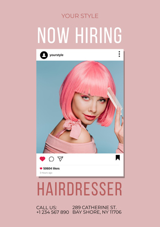 anúncio de vaga de cabeleireiro com mulher com tesoura Poster Modelo de Design