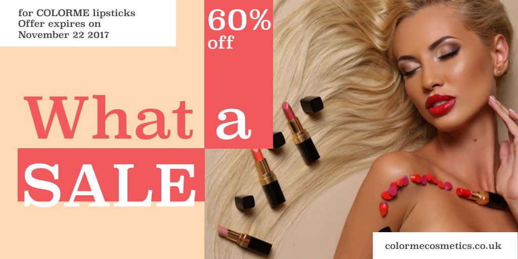 Lipsticks store Offer with Beautiful Woman Twitter Design Template