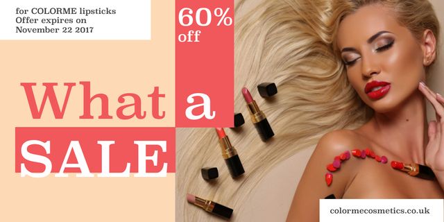Designvorlage Lipsticks store Offer with Beautiful Woman für Twitter