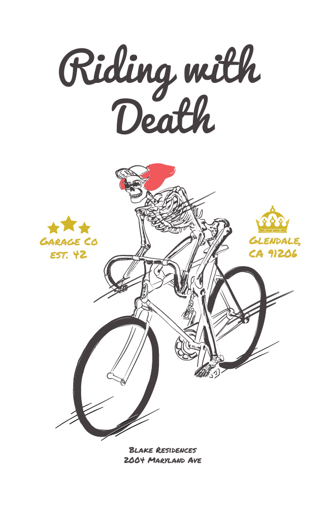Ontwerpsjabloon van Invitation 4.6x7.2in van Cycling Event With Funny Skeleton Riding On Bicycle