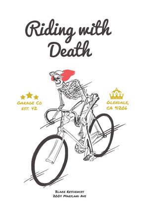 Designvorlage Radsportveranstaltung mit lustigem Skelett, das auf dem Fahrrad fährt für Invitation 4.6x7.2in